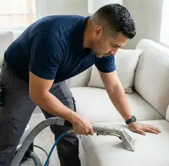 Professional upholstery cleaning technician using an extraction wand to deep-clean a fabric sofa, Allentown, PA.